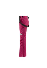 Pantaloni da sci rosa con una vestibilità slim, dotati di una cintura nera regolabile, tasche con zip e un logo sulla coscia. Tessuto liscio e resistente.