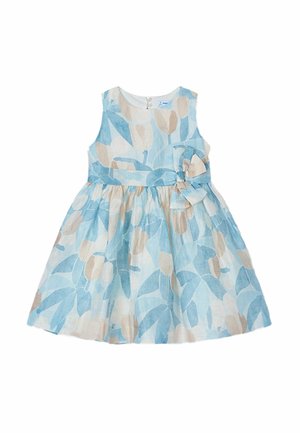 Robe sans manches bleu clair et beige à motifs floraux pour filles, avec une taille cintrée et un nœud décoratif sur le côté.