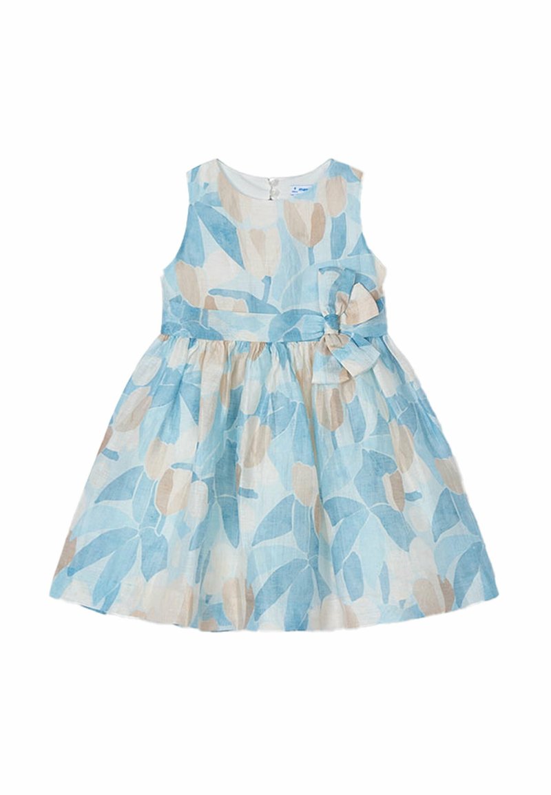 Robe sans manches bleu clair et beige à motifs floraux pour filles, avec une taille cintrée et un nœud décoratif sur le côté.