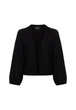 Gilet noir court avec une texture douce, à l'avant ouvert et aux manches larges. Design minimaliste, sans fermetures, idéal pour les looks superposés.