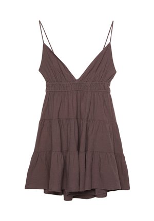 Hnědress s rukávy, hlubokým výstřihem do V, elastickým pasem a vrstveným volánkovým lemem. Vyrobeno z lehkého materiálu s jemnou texturou.