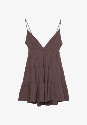 Abito marrone senza maniche con scollatura a V profonda, vita elastica e orlo a strati con volant. Realizzato in tessuto leggero con una morbida trama.