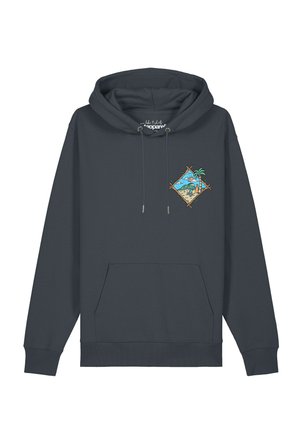 Dark gray hooded sweatshirt with front pocket and small colorful beach scene design on the left chest showing palm trees and waves.