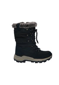 Melnas isolētas ziemas zābaki ar mākslīgās kažokādas apdari, ar auklēm sasienamas, ar zeltainas krāsas gumijas zoli un teksturētu virsmu, kas nodrošina saķeri. Iekļautas metāla akcenti.