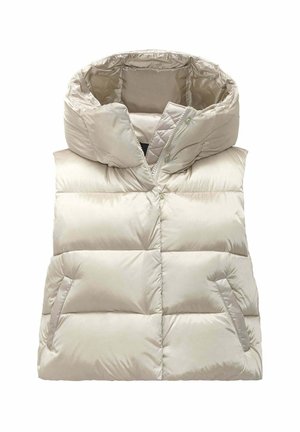 Hellbeige Puffer-Weste mit hohem Kragen, gestepptem Design, seitlichen Taschen und glänzender Oberfläche. Verfügt über einen Druckknopfverschluss.