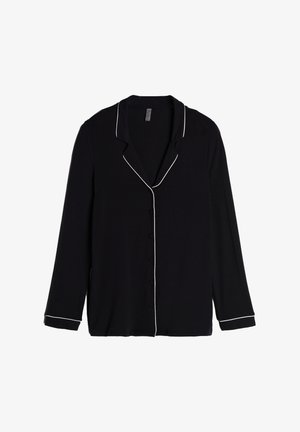 Haut de pyjama noir à boutons, à manches longues, avec des finitions blanches contrastées le long du col et des poignets, en tissu doux et avec une coupe loose.