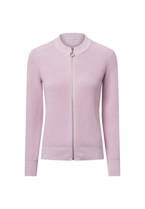 Hellrosa gestrickte Strickjacke mit Reißverschluss vorne, geripptem Textur, taillierten Bündchen und rundem Kragen. Einfaches und elegantes Design.