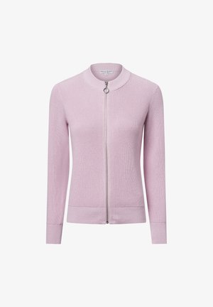 Hellrosa gestrickte Strickjacke mit Reißverschluss vorne, geripptem Textur, taillierten Bündchen und rundem Kragen. Einfaches und elegantes Design.