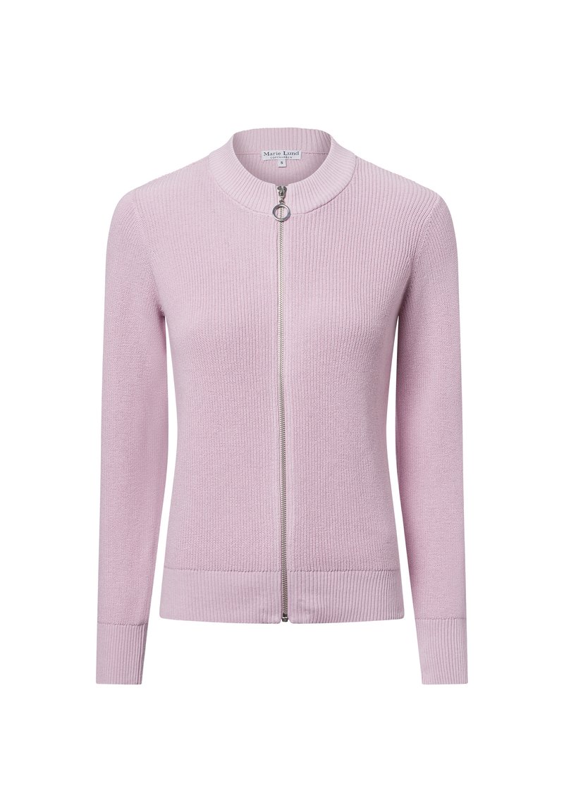Lichtroze gebreide cardigan met een ritssluiting aan de voorkant, ribbelstructuur, aansluitende manchetten en een ronde kraag. Eenvoudig en strak ontwerp.