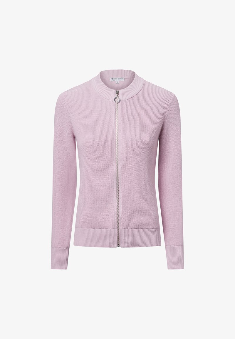 Lichtroze gebreide cardigan met een ritssluiting aan de voorkant, ribbelstructuur, aansluitende manchetten en een ronde kraag. Eenvoudig en strak ontwerp.