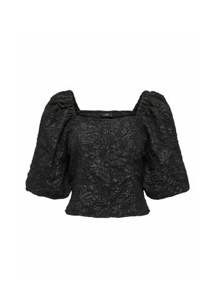 Bluza neagră cu textura florală, decolteu pătrat, mâneci bufante și închidere frontală cu nasturi. Realizată dintr-un material ușor, cu imprimeu.