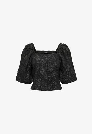 Fekete virágmintás texturált blúz négyzet alakú nyakkivágással, felfújt ujjak, és gombos elülső lezárás. Könnyű, mintás anyagból készült.