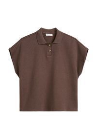 Braunes Poloshirt mit kurzen, weiten Ärmeln, ausgestattet mit einer Knopfleiste mit drei Knöpfen und einem strukturierten Stoffdesign.