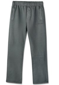 Pantalon gris décontracté avec taille élastique, poches latérales et logo brodé subtil sur la zone de la cuisse droite.