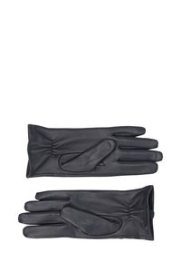 Czarne skórzane rękawiczki o gładkiej fakturze, z marszczeniem przy nadgarstku oraz kciukiem z dodatkową wyściółką wspierającą.