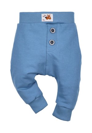 Helles blaues Babyhosen aus weicher Baumwolle. Mit geripptem Taillenbund und Ärmelbündchen, zwei vorderen Knöpfen und einem hunde-themed Etikett.