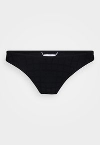 Bas de bikini noir avec un motif texturé, coupe taille basse, et une étiquette de marque discrète au centre de la ceinture.