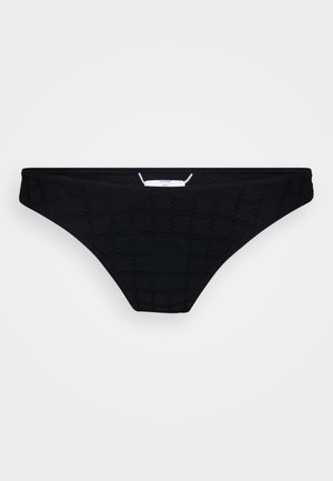 Parte inferiore di bikini nera con un motivo testurizzato, taglio a vita bassa e un'etichetta di branding sottile al centro del cinturino.