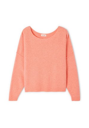 Rosa gestrickter Pullover mit rundem Ausschnitt, fallenden Schultern, langen Ärmeln und einem cropped Saum. Weiche Textur und nahtloses Design.