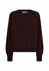 Cardigan borgogna in morbido tessuto a maglia, con scollatura a V, maniche lunghe e chiusura frontale con cinque bottoni.