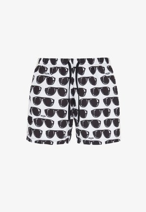 Pantaloni da nuoto in tessuto bianco con un motivo ripetuto di occhiali da sole neri. Vita elasticizzata con cordino e dettaglio del marchio visibile.