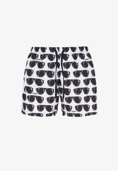 Pantaloni da nuoto in tessuto bianco con un motivo ripetuto di occhiali da sole neri. Vita elasticizzata con cordino e dettaglio del marchio visibile.