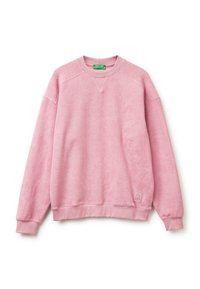 Felpa in pile rosa con maniche lunghe, collo a giro e polsini a coste. Presenta un piccolo logo sulla parte anteriore inferiore. Tessuto morbido.