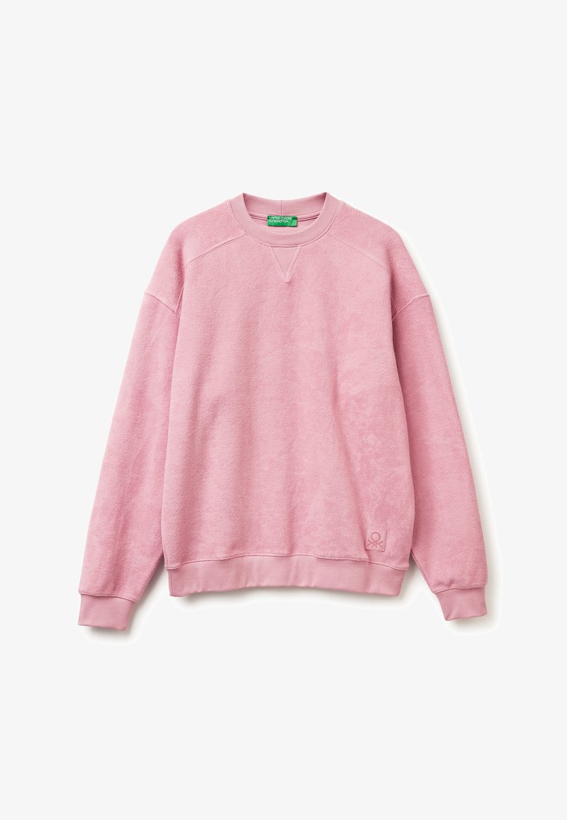 Felpa in pile rosa con maniche lunghe, collo a giro e polsini a coste. Presenta un piccolo logo sulla parte anteriore inferiore. Tessuto morbido.