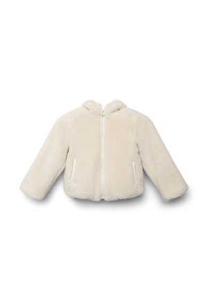 Giacca con cappuccio in morbida pelliccia sintetica di colore bianco sporco, con zip frontale, due tasche laterali e una finitura morbida e texture. Vestibilità ampia con maniche lunghe.