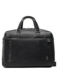 Bolsa de cuero negro para laptop con dos asas, cierre superior con cremallera, bolsillo frontal con cremallera, logotipo en relieve y textura suave.