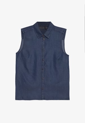 Sleeveless denim shirt, dark blue, with a collared neckline and front button closure. Features a smooth texture and side seam pockets.