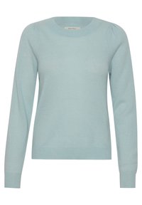 Lichtblauwe lange mouwen gebreide trui met ronde hals en subtiele pofschouders, geribbelde manchetten en zoom.