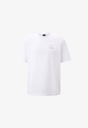 Weißes T-Shirt mit kurzen Ärmeln aus Baumwolle, mit einem kleinen „FIRE+ICE“-Logo in Grau und Rot auf der Brust, runder Ausschnitt.