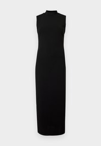 Svart ermeløs kjole med høy hals. Laget av et glattere, elastisk stoff. Formtilpasset fasong med en lang, rett nederdel. Ingen synlige mønstre eller aksenter.