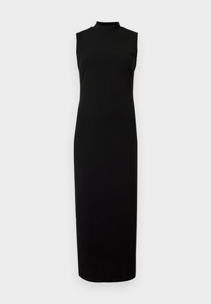 Melnas bezpiedurkņu kleitas ar augstu kaklu. Izgatavota no gludas, elastīgas auduma. Pieguļoša forma ar garu, taisnu apakšmalu. Nav redzamu rakstu vai akcentu.