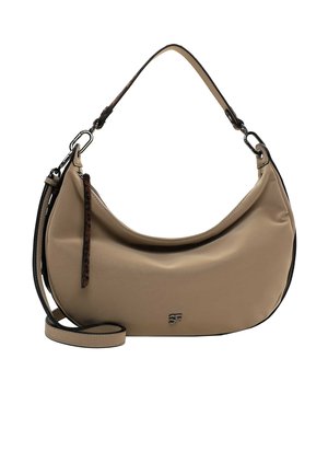 Beige synthetische Schultertasche mit geschwungener Form, verstellbarem Tragegurt und Leopardenmuster-Akzent am Reißverschluss-Zipper. Silbernes Logodetail.