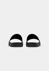 Paire de sandales noires à glissière vues de dos sur un fond clair uni.
