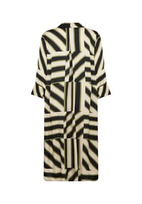 Langes, locker sitzendes Kleid in Beige mit geometrischen schwarzen und grünen Streifen. Weicher Stoff mit Kragen und kurzen Ärmeln.