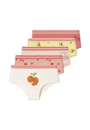 Fünf Paare Baumwoll-Boyshorts in Pastellfarben; mit fruchtmotivierten Drucken und kontrastierenden elastischen Taillenbändern in Rosatönen.