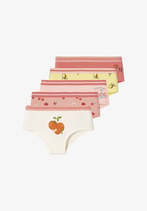Fünf Paare Baumwoll-Boyshorts in Pastellfarben; mit fruchtmotivierten Drucken und kontrastierenden elastischen Taillenbändern in Rosatönen.