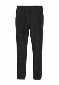 Zwarte corduroy broek met een slim fit, met een verticale ribbelstructuur en een gladde tailleband, ontworpen voor comfort en pasvorm.
