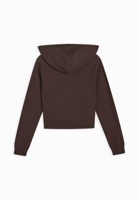 Felpa marrone tagliata con cappuccio regolabile, maniche lunghe, polsini e orlo a costine, realizzata in soffice tessuto con una superficie liscia.