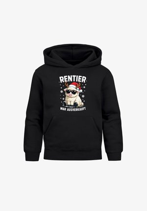 Schwarzer Hoodie mit einer Grafik auf der Vorderseite, die ein Cartoon-Schaf zeigt, das Sonnenbrillen und eine Weihnachtsmütze trägt. Der Text lautet "RENTIER WAR AUSVERKAUFT."