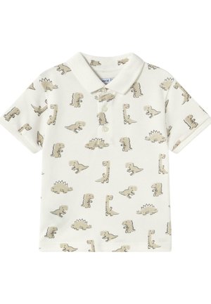 Polo blanco de manga corta con un estampado de dinosaurio en beige. Hecho de algodón suave, con un collar clásico y tres botones.