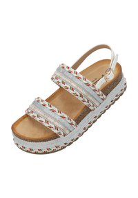 Srebrne sandały na pasku z podwójnymi plecionymi paskami ozdobionymi czerwonymi, zielonymi i białymi akcentami, teksturowaną podeszwą środkową oraz lekką, wyprofilowaną wkładką.