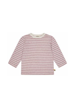 Langarmshirt in hellem Creme mit burgunderfarbenen horizontalen Streifen, mit rundem Halsausschnitt und einem kleinen, mehrfarbigen Etikett an der Seite.