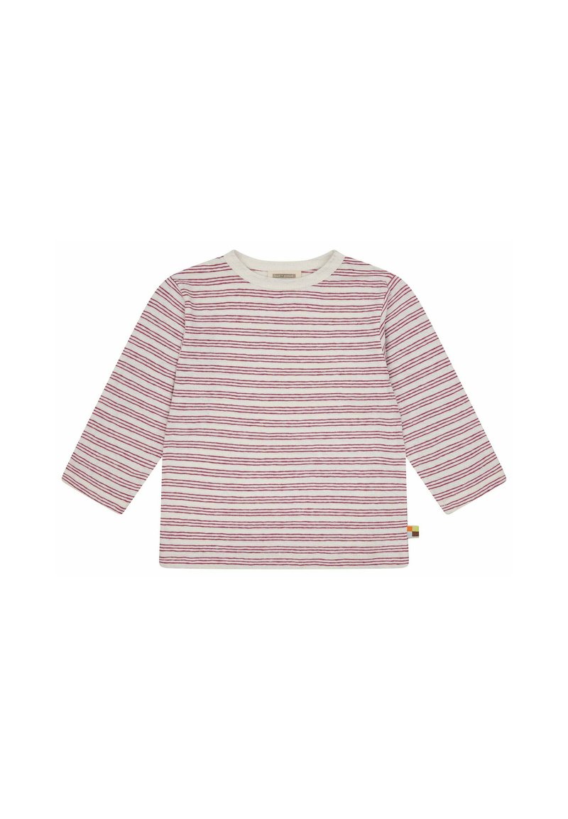 Langarmshirt in hellem Creme mit burgunderfarbenen horizontalen Streifen, mit rundem Halsausschnitt und einem kleinen, mehrfarbigen Etikett an der Seite.