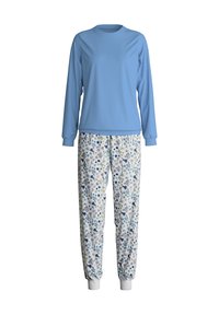 Lichtblauw langemouwen top gecombineerd met crèmekleurige broek met een bloemenpatroon in blauw, groen en lavendel. Manchetten bij de enkels van de broek.