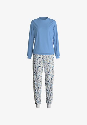 Light blue long-sleeve top paired with cream pants featuring a floral pattern in blue, green, and lavender. Cuffs at the pants' ankles.