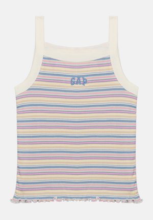 Småbarns ermeløs ribbet tanktopp med flerfargede horisontale striper, hvit kant, rysjekant og blått "GAP"-logo på brystet.